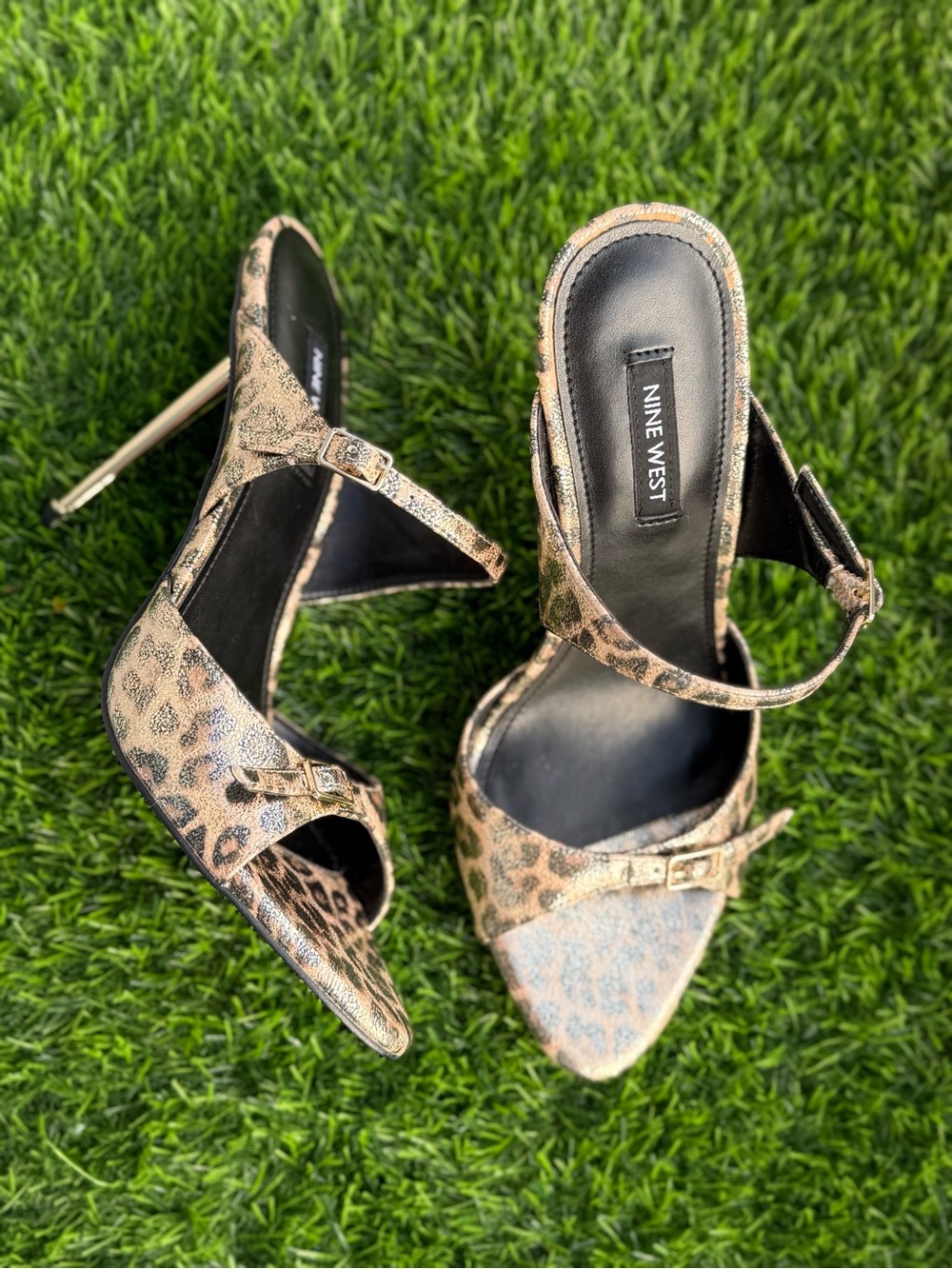 Nine West Leopard Print Open-Toe Ankle-Strap Heels - Brown/Black